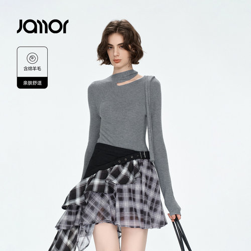 Jamor加墨小众不对称挂脖系带修身毛针织衫氛围感女装2026秋冬新