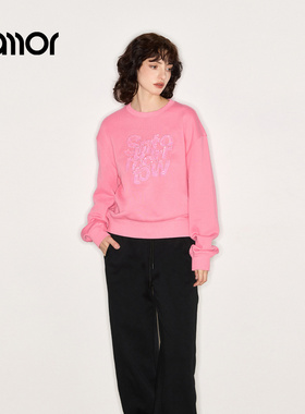 Jamor加墨粉色圆领休闲卫衣宽松舒适2025秋冬新款亮片设计上衣