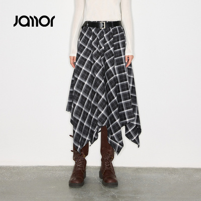 Jamor加墨时尚格子不规则半身裙子2025秋冬新款带腰带女装复古