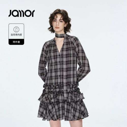Jamor加墨时尚格纹小V领荷叶边连衣裙子潮流好看2026秋季新款