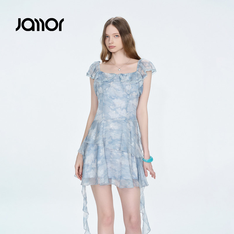 Jamor加墨时尚清新碎花荷叶边连衣裙少女印花短裙2026夏季新款