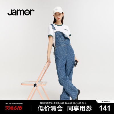 Jamor蓝色背带牛仔裤女春夏新款复古格纹百搭小个子做旧直筒裤子