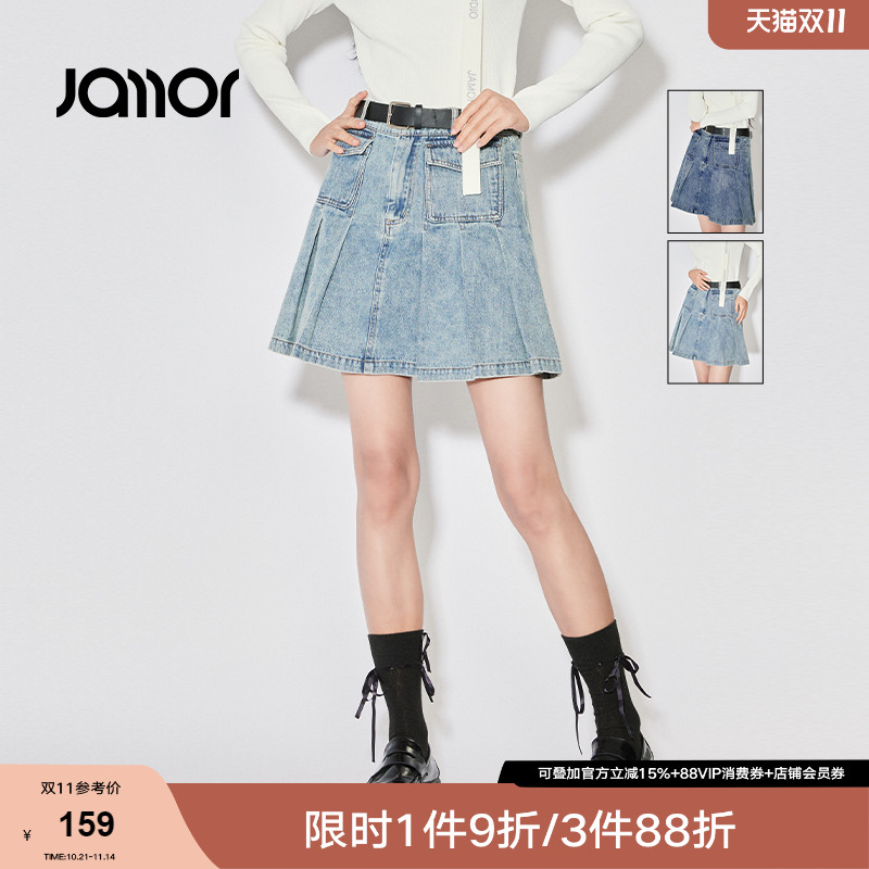 Jamor牛仔半身裙百褶半裙子2025夏装新款显瘦裙学院风短半身裙