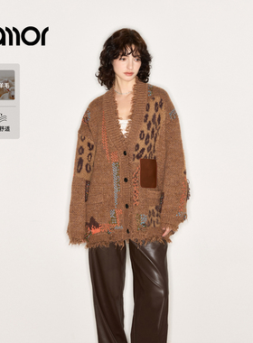 Jamor加墨设计感辣妹宽松针织衫开衫豹纹拼接粗针毛衣2025秋冬新