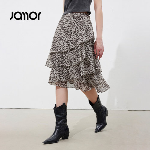 Jamor加墨时尚层叠网纱豹纹半身裙子2026夏季新款