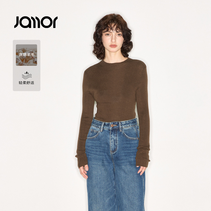 Jamor加墨时尚薄款舒适针织衫打底上衣纯色简约毛衣2025秋冬新女