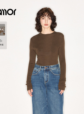 Jamor加墨时尚薄款舒适针织衫打底上衣纯色简约毛衣2025秋冬新女