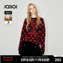 新款 Jamor圆领爱心图案针织上衣女冬季 甜美双色百搭毛衣加末 时尚