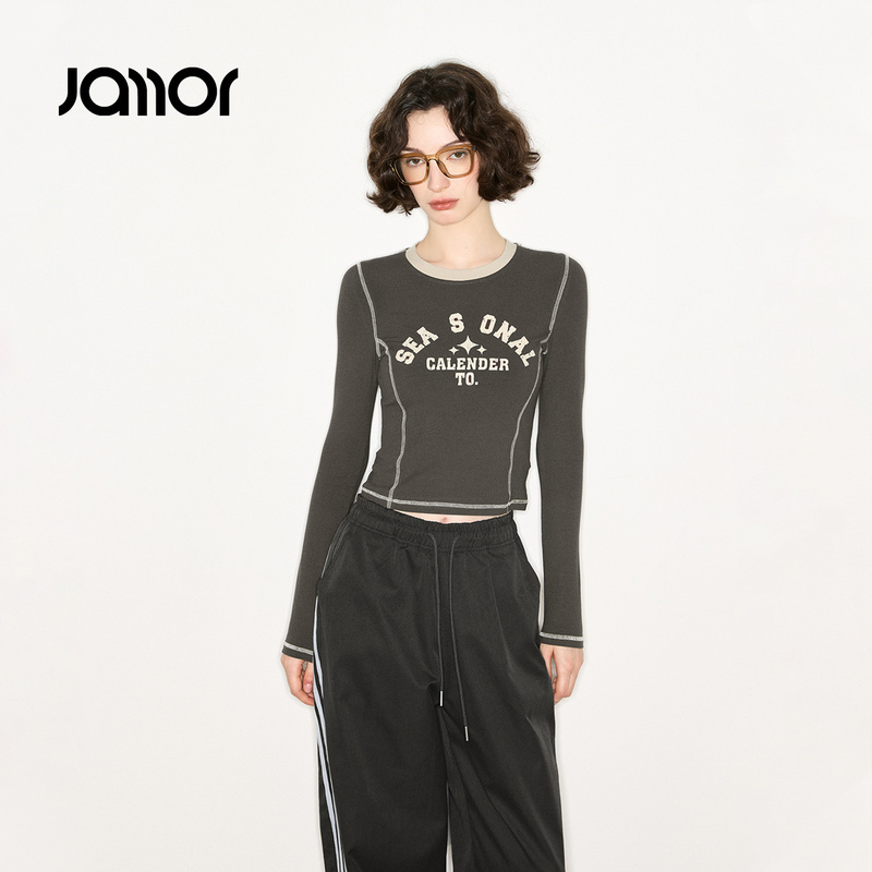 Jamor加墨时尚长袖打底T恤上衣修身显瘦款2025春秋季新款女装