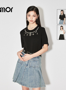 Jamor简约白色黑色短袖T恤女2026春夏新款时尚印花重工钉钻上衣