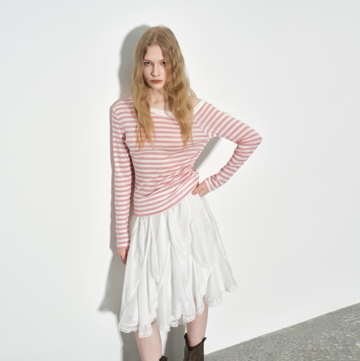 Jamor加墨时尚经典条纹长袖T恤上衣斜肩打底2026春夏新款女装