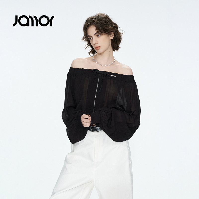 Jamor加墨设计感一字肩轻薄双拉链短外套上衣女装2026秋季新款