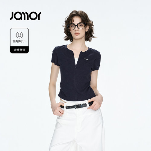 Jamor加墨假两件半拉链T恤女装上衣收腰设计感2026秋季新款简约