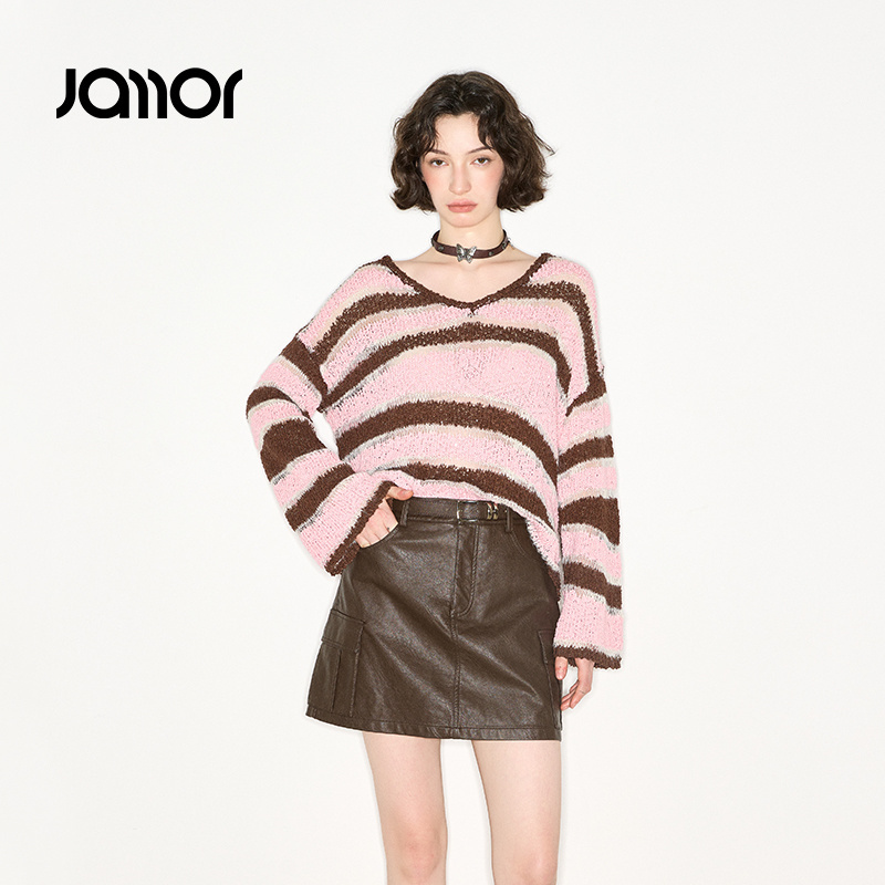 Jamor加墨时尚条纹针织衫毛衣上衣宽松休闲2025春秋季新款女装V领