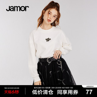 饰百搭上衣加末 圆领套头简约卫衣女金属链条装 新款 Jamor冬季