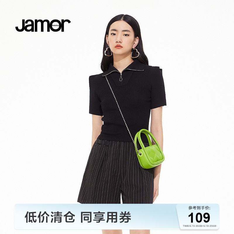 Jamor时尚短袖上衣女夏季新款黑色短款t恤辣妹潮流polo领修身