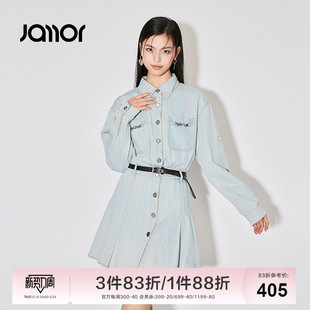 Jamor浅蓝牛仔连衣裙女2024春季新款金属装饰单排扣短裙加末