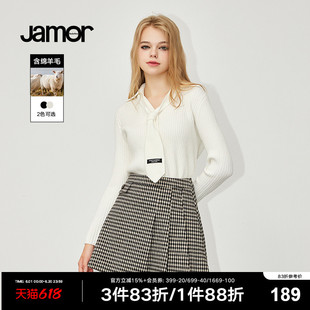 领带设计甜美学院风上衣加末 新款 女冬季 Jamor纯色简约针织衫