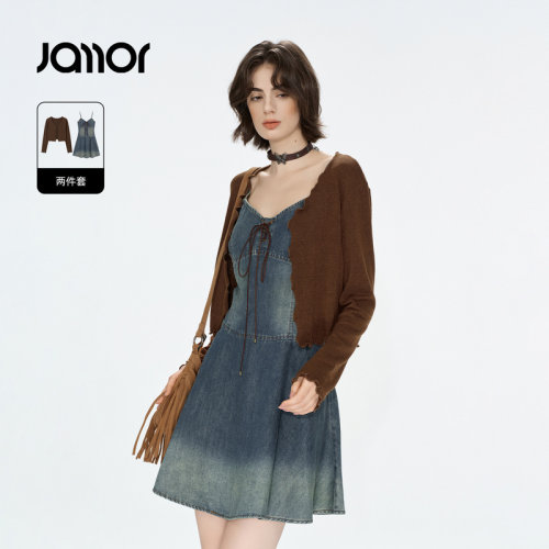 Jamor加墨牛仔吊带连衣裙辣妹炸街设计感针织开衫两件套2026秋新