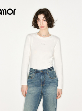 Jamor加墨时尚简约白色T恤打底衫上衣2025秋冬新款长袖女装