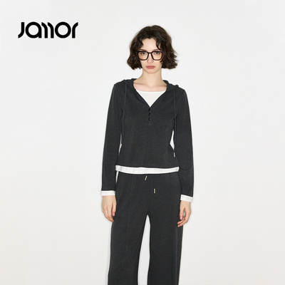 Jamor加墨时尚假两件连帽上衣修身T恤拼接拼色设计感2025秋冬新款