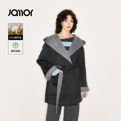 Jamor加墨时尚高级感双面呢连帽外套中长款女装上衣2026秋冬新款