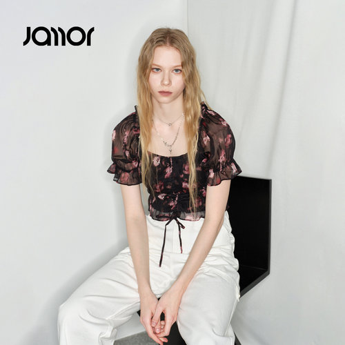 Jamor加墨时尚辣妹干枯玫瑰雪纺小衫上衣短款潮流2026夏季新款