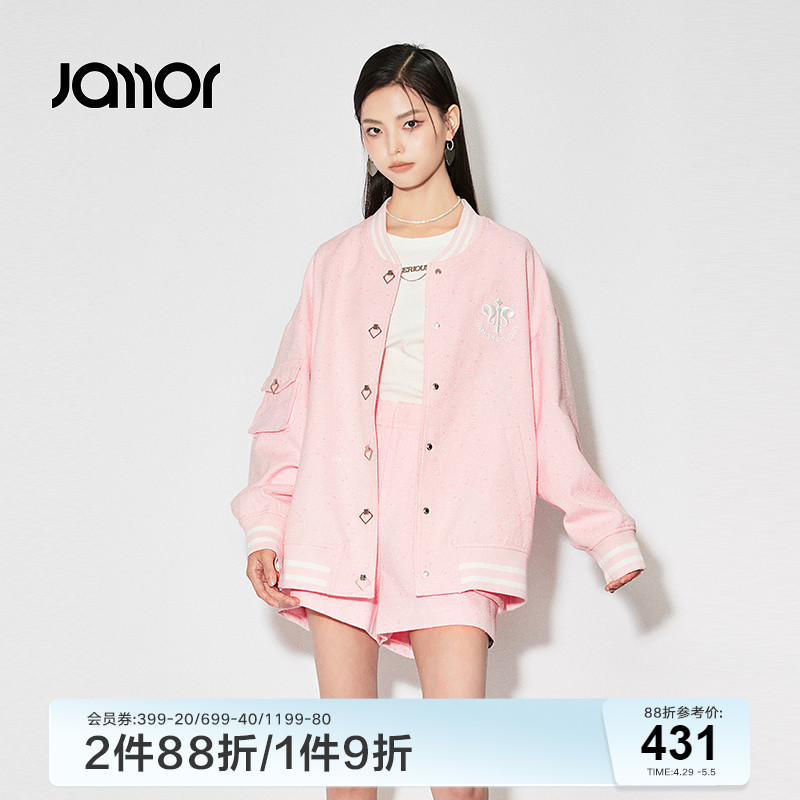 Jamor时尚休闲粉色潮流外套女装2024春秋新款甜辣棒球服chic加末 女装/女士精品 短外套 原图主图