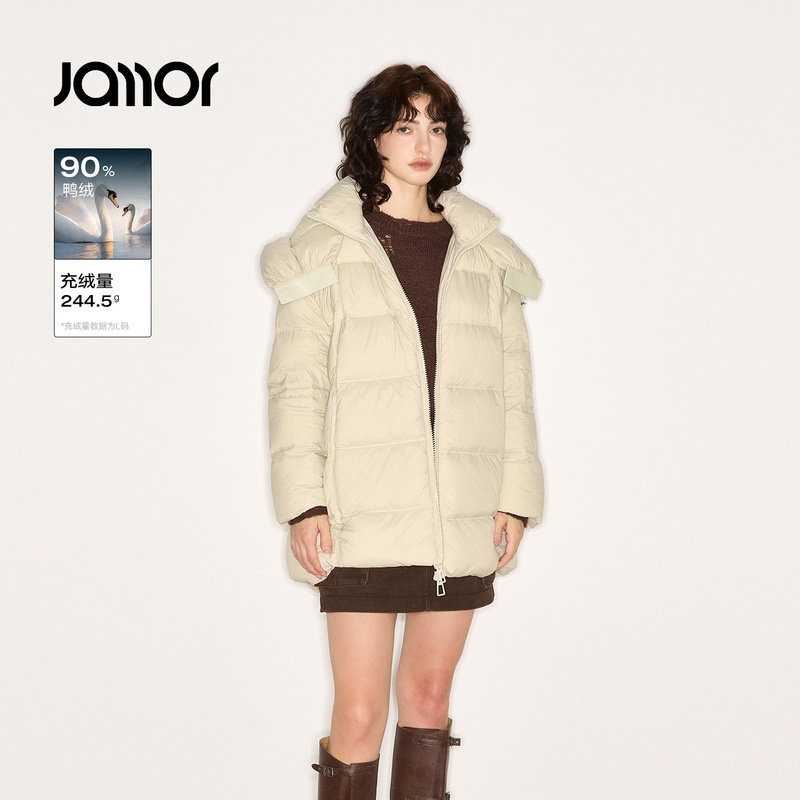 Jamor加墨时尚清新米色甜美保暖羽绒服外套2025冬季新款连帽女