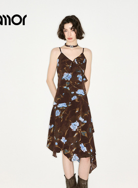 Jamor加墨时尚吊带连衣裙子潮流印花好看2025秋冬季新款