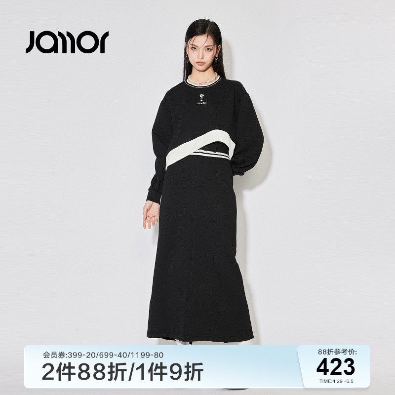 Jamor时尚黑色卫衣套装女2024春夏新款不规则下摆辣妹套装裙加末