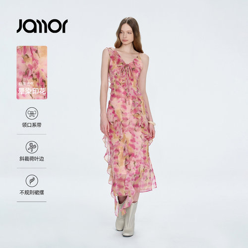 Jamor时尚V领吊带荷叶边系带中长款连衣裙印花度假风裙子2026夏新
