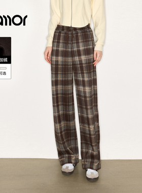 Jamor加墨时尚系绳休闲裤复古格纹加绒保暖厚裤子直筒2025冬新女