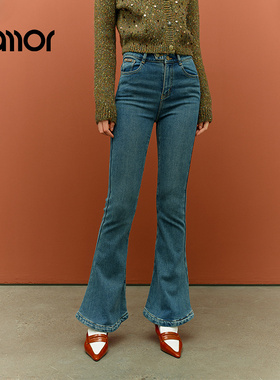 Jamor蓝色修身直筒牛仔裤女2025秋冬新款时尚辣妹微喇裤子高显瘦