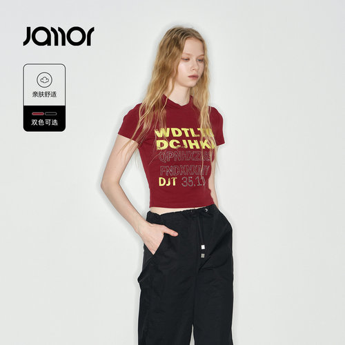 Jamor加墨时尚短款字母辣妹T恤上衣修身显瘦2026夏季新款