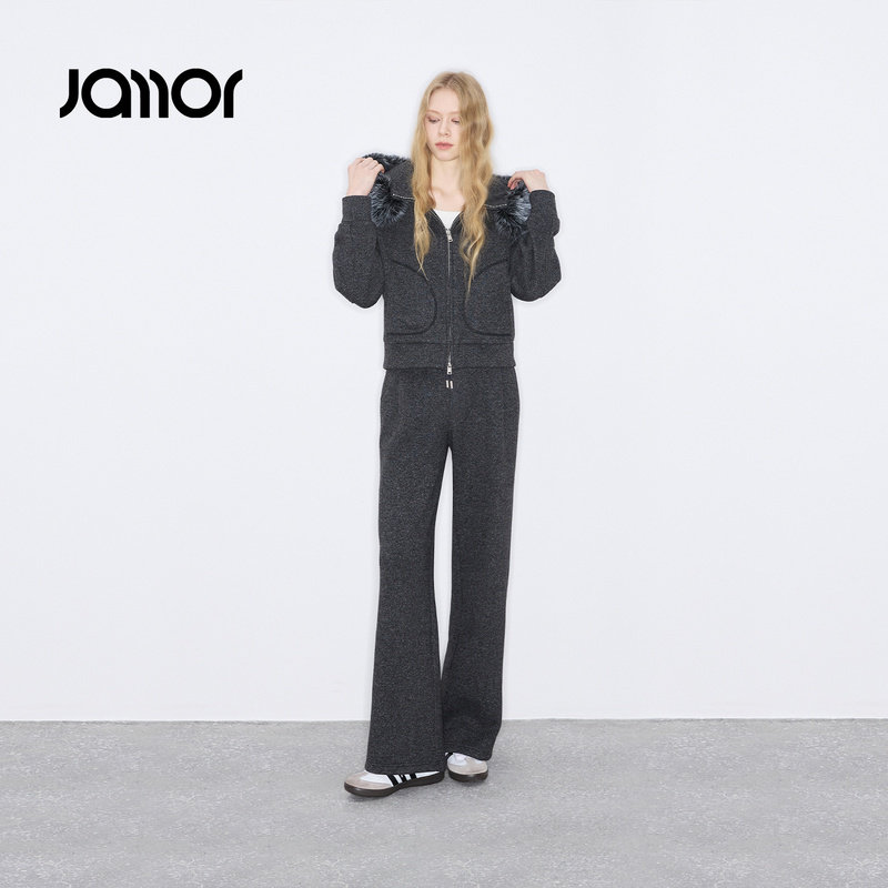 Jamor加墨时尚休闲两件套装可拆卸毛领连帽卫衣上衣2025冬新薄绒