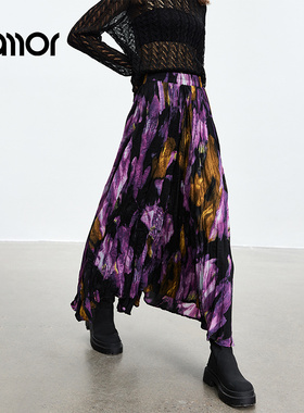 Jamor时尚紫色印花半裙中长款2025夏季新款半身裙子
