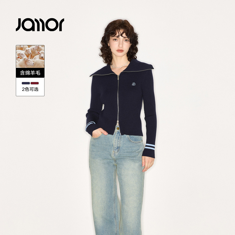 Jamor加墨时尚拉链翻领毛针织衫竖条显瘦拼色上衣2025秋冬新款