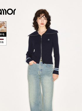 Jamor加墨时尚拉链翻领毛针织衫竖条显瘦拼色上衣2025秋冬新款