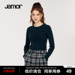 Jamor加末黑色针织衫女冬新套头薄款毛衣修身显瘦简约上衣潮加末