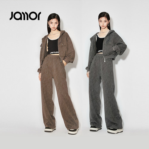 Jamor深灰色短款连帽外套时尚