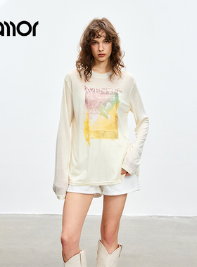 Jamor时尚薄款宽松黄色T恤上衣2025夏季新款休闲慵懒清新薄款衫