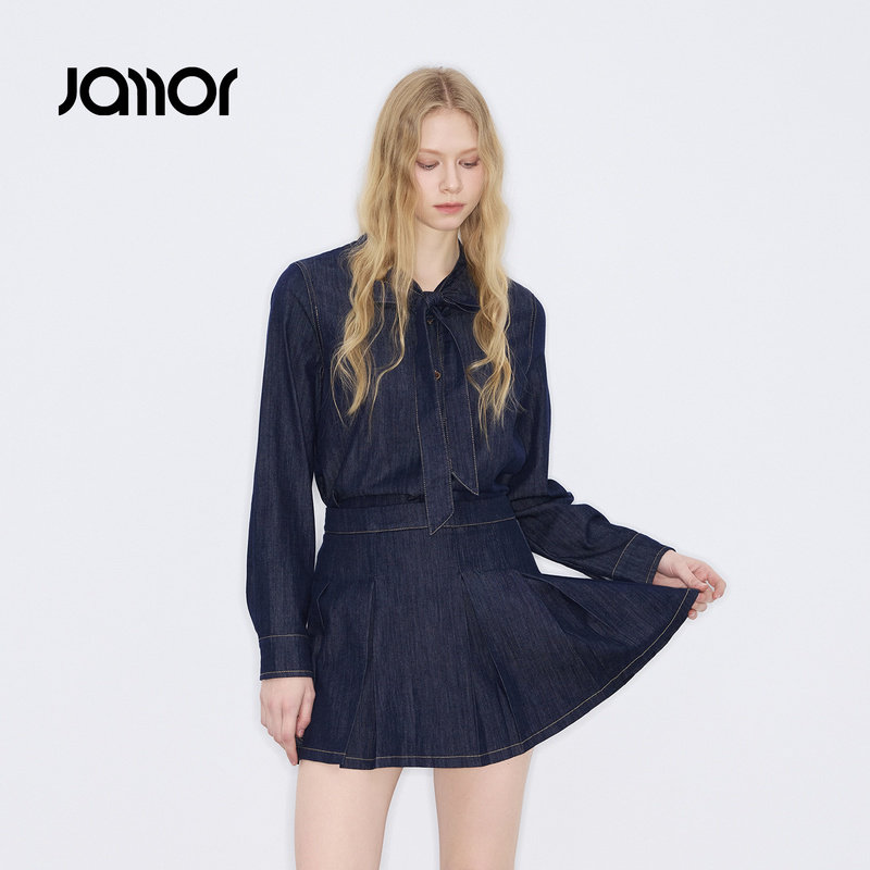 【设计师系列】Jamor加墨牛仔衬衫上衣系带百褶牛仔半裙两件套装