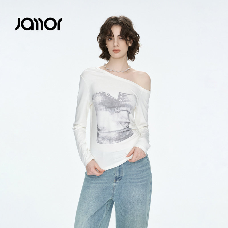 Jamor加墨斜肩美式复古图案长袖T恤上衣女装舒适显瘦2026秋季新款