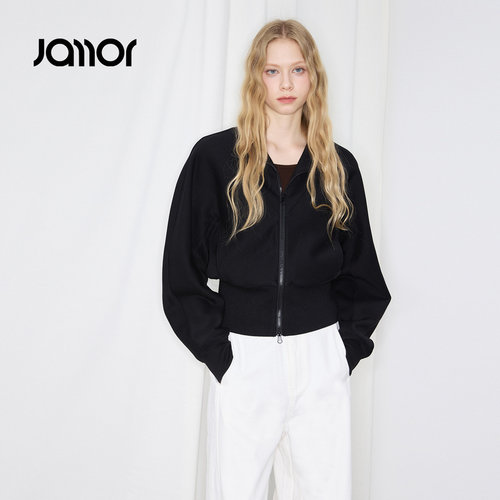 【时尚系列】Jamor加墨时尚黑色针织外套春季新款显瘦修身上衣女
