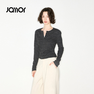 【商场同款】Jamor加墨修身高级深灰低领口T恤上衣2025秋冬新款