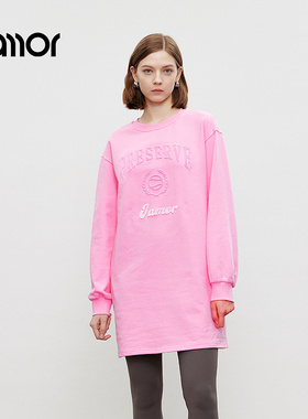 Jamor加墨粉色时尚圆领卫衣连衣裙2025秋冬季新款字母图案