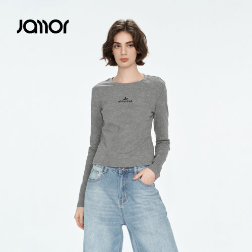 Jamor加墨圆领简约T恤女装上衣花灰色舒适休闲2026秋冬新款