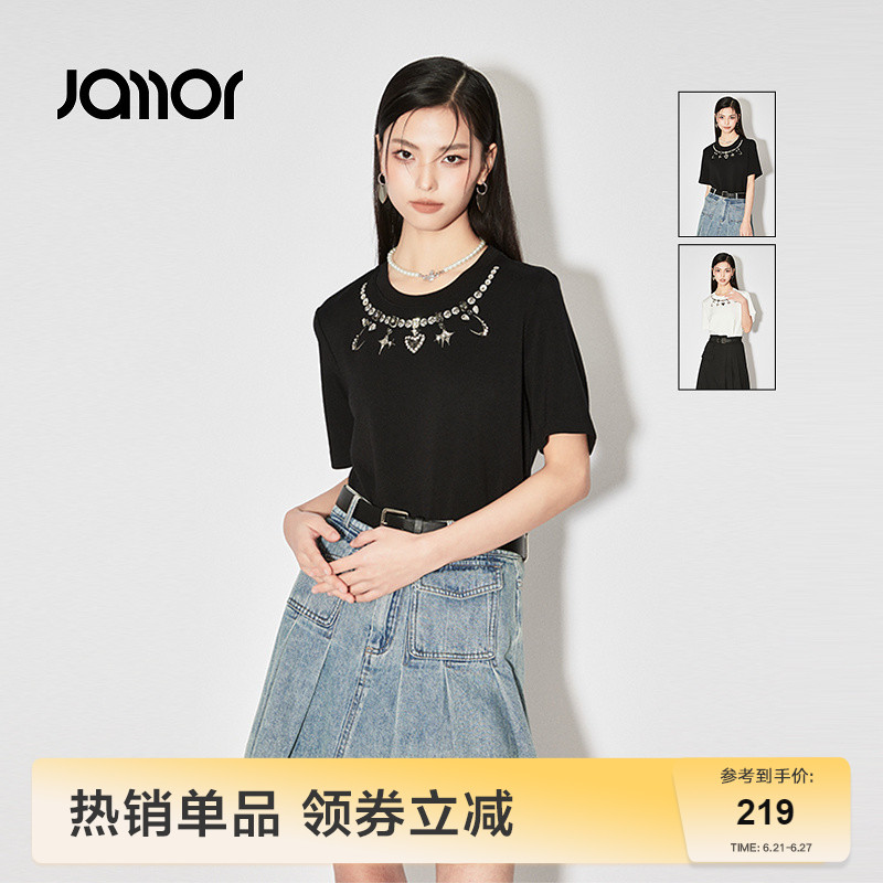 Jamor简约白色黑色短袖T恤女2025春夏新款时尚印花重工钉钻上衣