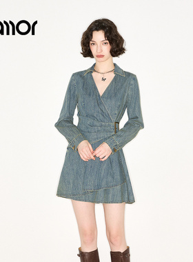 Jamor加墨时尚牛仔长袖连衣裙辣妹炸街潮流短裙子2025秋新款